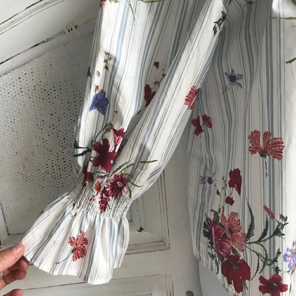 🎃ZARA STRIPE FLORAL COTTON TOP - Picture 4 of 5